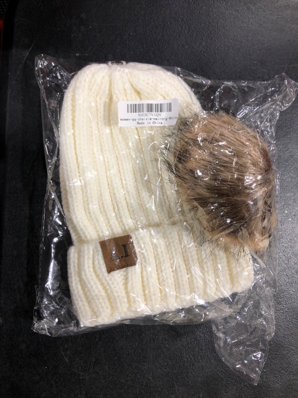 Photo 2 of Aimiou Womens Winter Beanie Hat Knit Skull Warm Hats Snow Cap with Faux Fur Pom White-qq