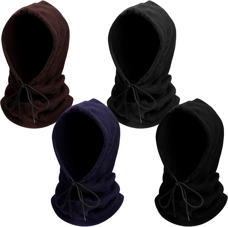 Photo 1 of 4 Pieces Balaclava Fleece Hood Warm Hooded Scarf Hat Balaclava Knit Skull Cap Beanie Hat with Drawstring for Women and Men Skiing Hiking Winter Cold Weather 