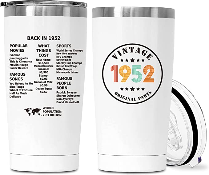 Photo 1 of 20oz White Tumbler Cup, 1952 71th Birthday Gifts For Men, Women, Husband, Wife, Dad, Mom, Grandpa, Grandma, Stainless Steel Leak Proof Tumbler Cup With Lid - Christmas, Anniversary Party (1Pc)baiXL002
