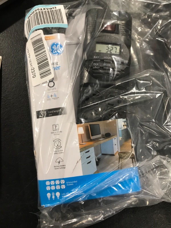 Photo 1 of GE 7-Day Programmable Power Strip with Digital Timer, 8 Grounded Outlets (4 Timed / 4 Always On), Indoor, 15 Amp, 1800W, Easy Presets and Custom Settings for Weekly Cycle, Minute Intervals, 15077 Black