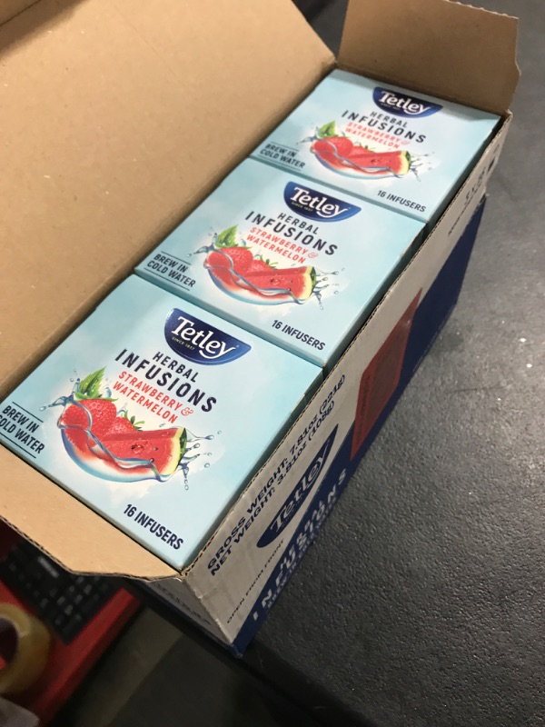 Photo 1 of Tetley Herbal Infusions Cold Brew Tea, Strawberry & Watermelon, Cold Water Herbal Tea, Rainforest Alliance Certified,16 Tea Bags (Pack of 3) *EXP 06.2023* 
