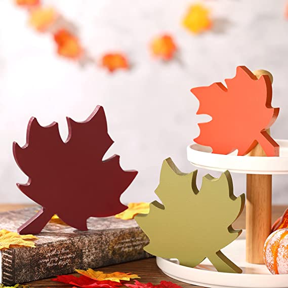 Photo 1 of 3 Pieces Fall Table Centerpieces Thanksgiving Maple Leaf Decor Wooden Fall Maple Leaves Rustic Harvest Leaves Thanksgiving Tiered Tray Decor for Thanksgiving Party Table Decor (Stylish Pattern) 