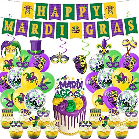 Photo 1 of 40 Pieces Mardi Gras Decorations for Party Supplies, Mardi Gras Themed Tinsel Garland Hanging Swirl Decorations for Mardi Gras Carnival Masquerade Birthday Banners Balloons Cake Topper Party Supplies 