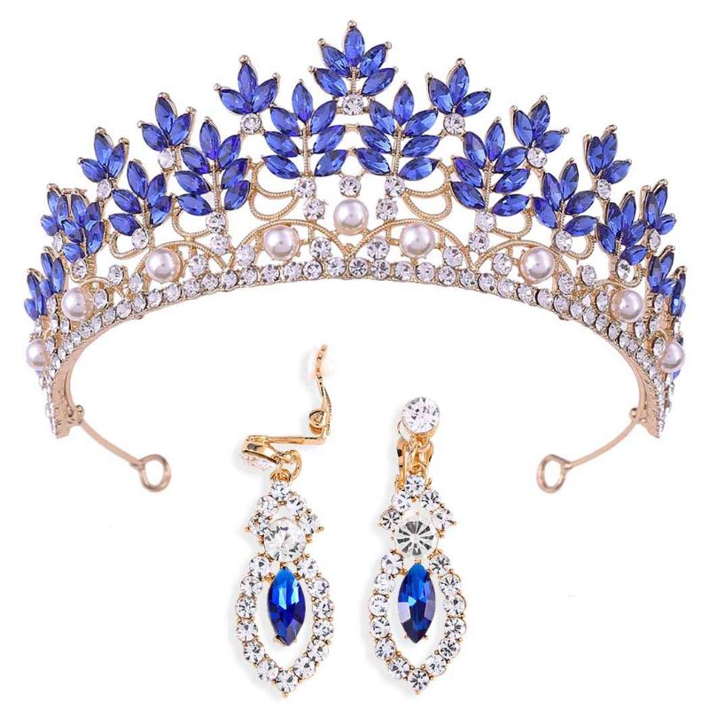 Photo 1 of Brinote Bride Wedding Crown and Tiaras with Earring Queen Leaf Crystal Headbands Vintage Bridal Pearl Hair Accessories Wedding Jewelry Set for Women and Girls (Blue) https://a.co/d/a1LCv2t