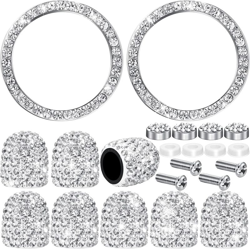 Photo 1 of 12 Pieces Bling Rhinestone Car Accessories Set Includes Bling License Plate Frame, Ring Emblem Sticker, Valve Stem Caps Tire Valve Dust Caps for Auto Car Ornament Decoration (Silver) 