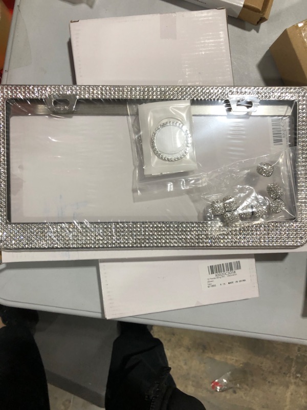 Photo 1 of 12 Pieces Bling Rhinestone Car Accessories Set Includes Bling License Plate Frame, Ring Emblem Sticker, Valve Stem Caps Tire Valve Dust Caps for Auto Car Ornament Decoration (Silver) 
