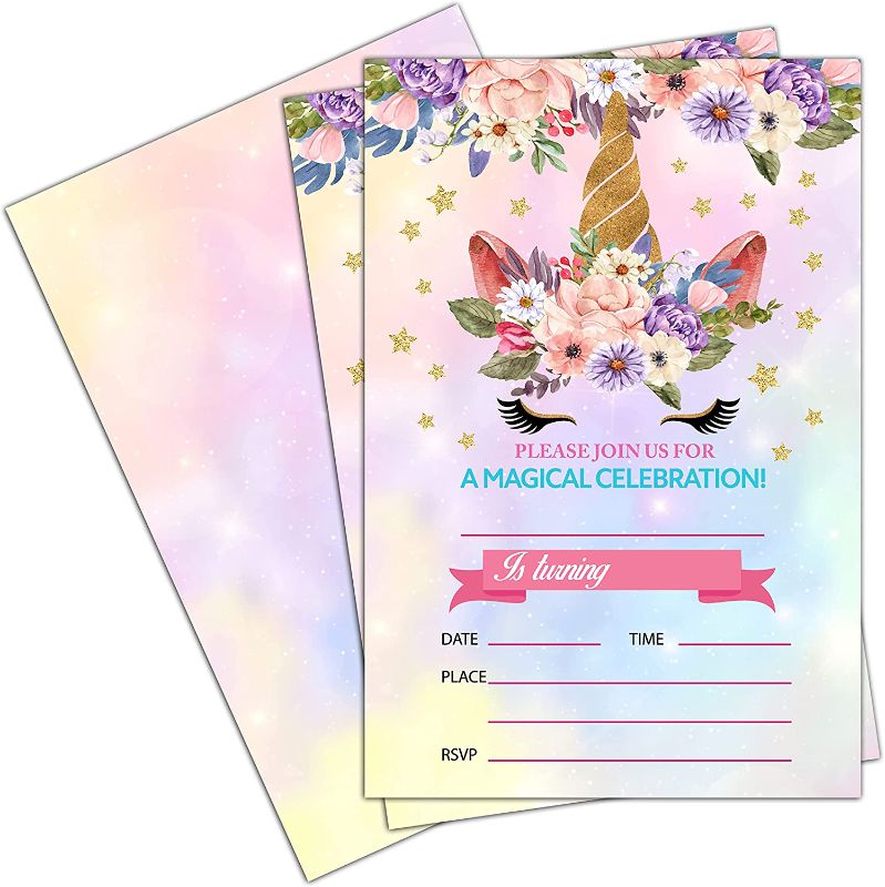 Photo 1 of JUSITAKEET Magical Unicorn Birthday Party Invitations, Rainbow Floral Pony Party Invitations, Teenagers Party Decorations, Favors for Kids Birthday - 20 Cards with Envelopes (009) 