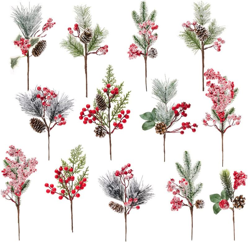 Photo 1 of 13 Pcs Artificial Christmas Picks with Snowflakes Faux Pine Picks Red Berry Picks Stems Pine Branches Spray with Pinecones Holly Leaves for Christmas DIY Crafts Party Festive Home Decor (13) 