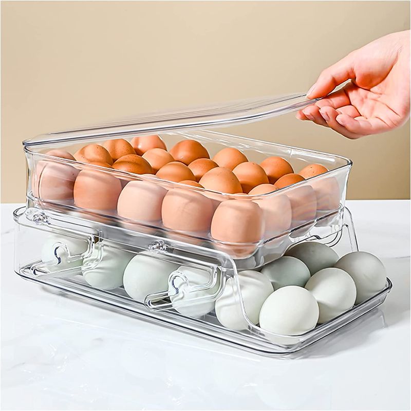 Photo 1 of 1 Pack Egg holder,Refrigerator-Egg-Trays,2 Tiers Lifting and Folding Egg Storage, Karge Capacity Egg Container, Egg Container, Transparent Tape Cover, Can Store Up to 18+20 Eggs 