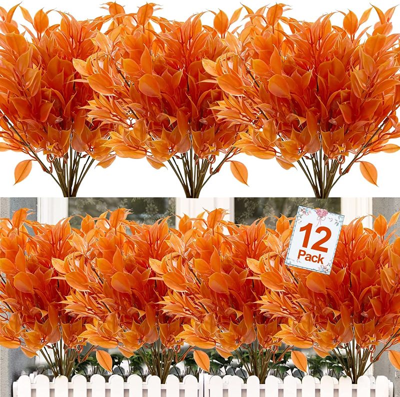 Photo 1 of 12PCS Fall Artificial Flowers UV Resistant Plants,Faux Plastic Grapefruit Fall Leaves Fake Plant Autumn Indoor Outdoor Fall Thanksgiving for Home Fireplace Garden Halloween Decor (Gold Orange) 