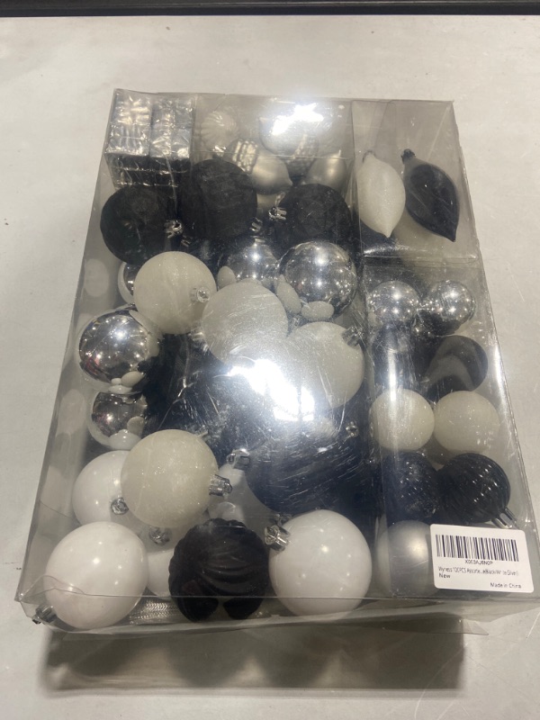 Photo 2 of 100PCS Assorted Christmas Balls Tree Ornament Set,Shatterproof Assorted Hanging Decorations in Gift Package,Glitter Acorn,Ball,Gift Box Pendants,Tree Top for Xmas Tree(Black/White/Silver) 100pcs-black/White/Silver