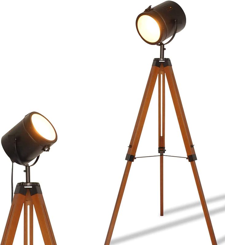 Photo 1 of 1 - Contemporary Modern Wooden Farmhouse Tripod Floor Lamps for Living Room, Industrial Standing Tall Adjustable Metal Spotlights for Bedroom Reading Edison E26 Socket Vintage Antique Decoration Lighting
