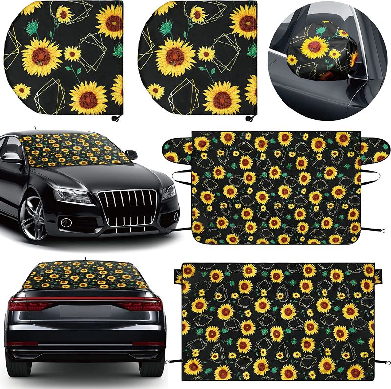 Photo 1 of 4 Pcs Windshield Cover for Ice and Snow Side Mirror Cover Printed Fabric Windshield Frost Cover for Any Weather Waterproof Sag Proof Car Windshield Snow Cover Fits XL Size Cars Trucks SUVs (Sunflower) 