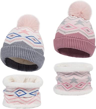 Photo 1 of 2Pcs Boys Girls Knit Hat Scarf Set Fleece Lined Kids Beanie Winter Warm Baby Cap with Pompom 