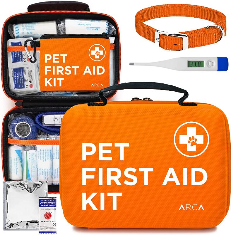 Photo 1 of  PET Cat & Dog First Aid Kit Home Office Travel Car Emergency Kit Pet Travel Kit – 100 Pieces with Emergency Collar and Pet Thermometer & Mini Pouch (Neon Orange)