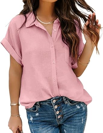 Photo 1 of Women Button Down Shirts with Pockets Long/Short Sleeve Chiffon Office Blouses V Neck Casual Business Tops Slim Fit
Size M