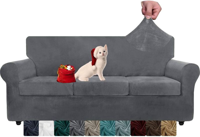 Photo 1 of XYMHUN Velvet Plush 3 Pieces Couch Covers for 2 Extra Cushion Couch Super Stretch Anti Slip Spandex Sofa Slipcover Living Room Dogs Pets Furniture Protector with Elastic Bottom (Grey, Sofa)
