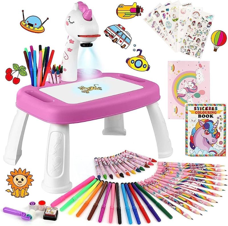 Photo 1 of Hoarosall Drawing Projector for Kids, Drawing Board with Music, Color Pens, Pencils, Crayons, Scrapbook, Sticker Book, Unicorn Stickers, Stamps, Ideal Toy for 3+ Year Old Girls & Boys (Unicorn Kit)
