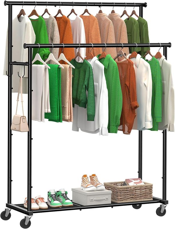 Photo 1 of Ekisemio Double Rod Clothing Garment Rack on Wheels, 45 Inches Clothes Rack with Mesh Bottom Shelf for Hanging Clothes, Heavy Duty Metal Maximum Capacity 400 lb, Black
