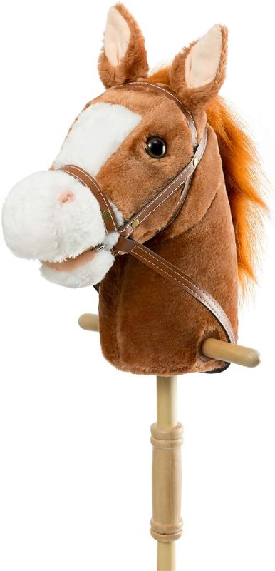 Photo 1 of HollyHOME Outdoor Stick Horse with Wood Wheels Real Pony Neighing and Galloping Sounds Plush Toy Dark Brown 36 Inches(AA Batteries Required)
