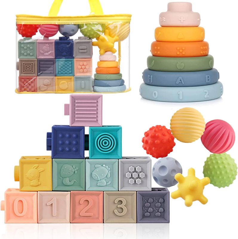 Photo 1 of Yolesty 5-in-1 Montessori Sensory Baby Toys for 6 to 12 Months, Educational Stacking Building Blocks Cups Rings & Soft Infant Teething Activity Toys & Sensory Balls for Toddlers Boys Girls 1 2 3