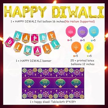 Photo 1 of Happy Diwali Party Decorations Set, India Holiday Festival of Lights Banner, Colorful Balloons, Tablecloth, Deepavali Hindu Party Supplies