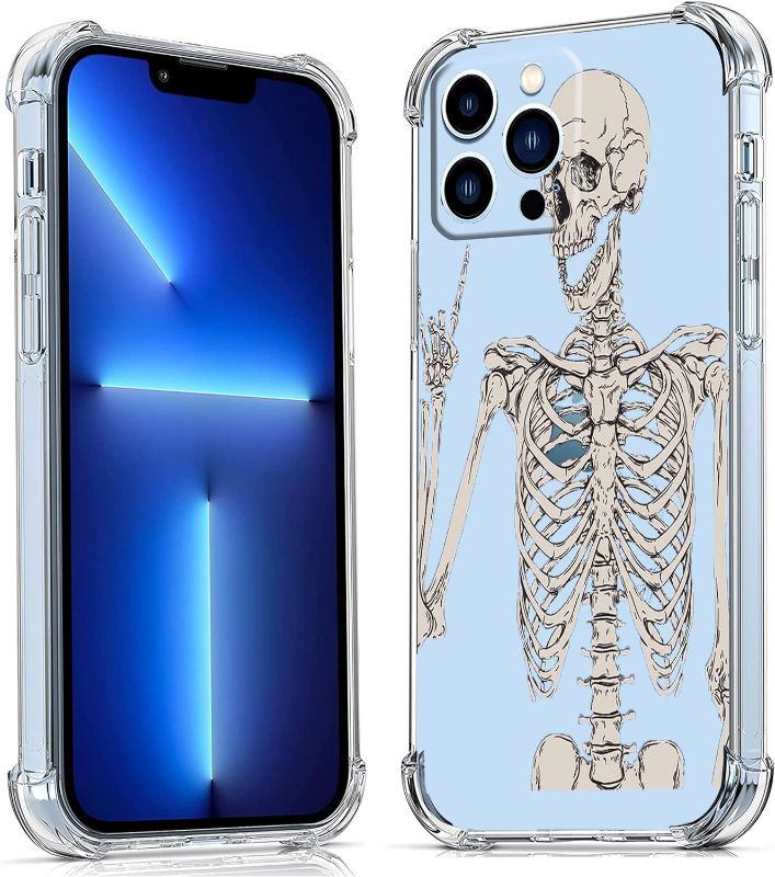 Photo 1 of mehidpur Rock Skeleton Case for iPhone 13 Pro,Aesthetic Cool Skull Pose Pattern Design for Women Men,Transparent Soft TPU Bumper Case Compatible for iPhone 13 Pro