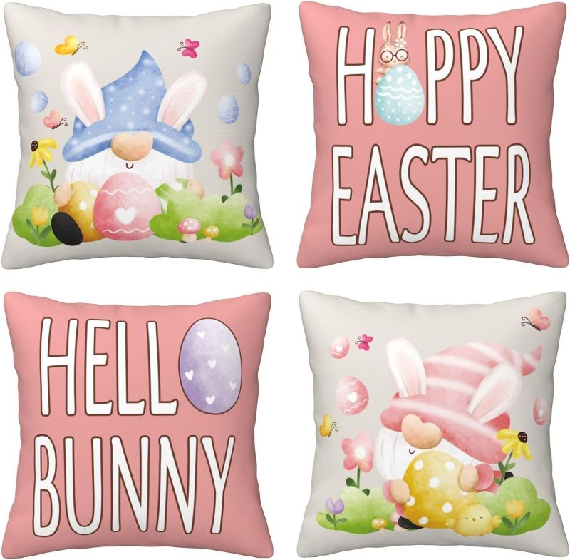 Photo 1 of DXTKWL Easter Pillow Covers 18x18 Set of 4, Easter Eggs Rabbit Gnome Throw Pillow Covers Cushion Case, Easter Decoration for Home Sofa Couch, Easter Ornaments