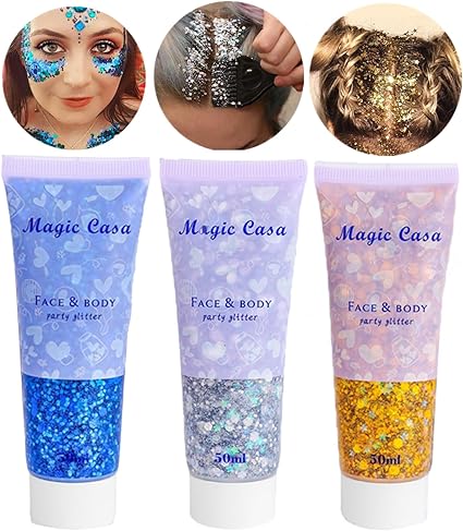 Photo 1 of 3 Colors Body Glitter Gel,Face & Body Glitter Sequins Shimmer,Mermaid Chunky Glitter,Holographic Sparkling Cosmetic Powder Festival(1+2+5)