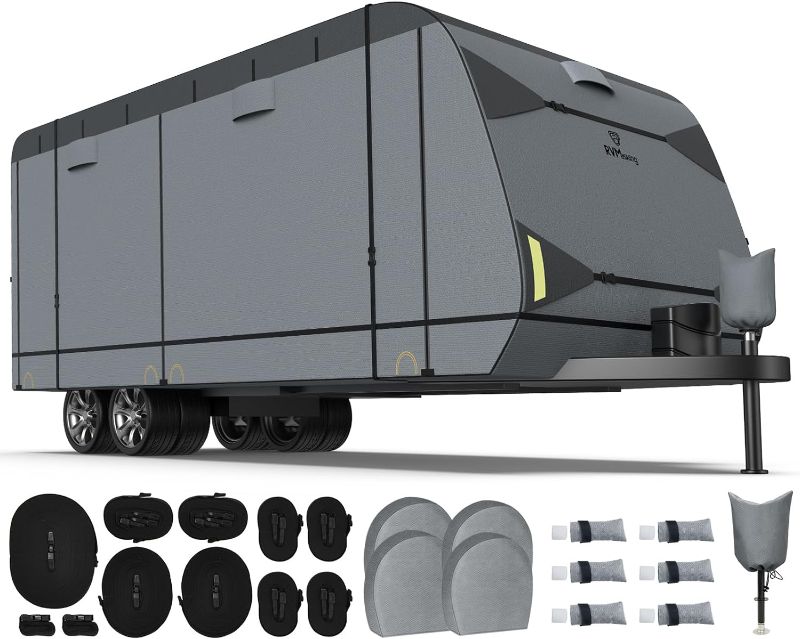 Photo 1 of RVMasking 7 Layers top RV Travel Trailer Cover Fits 15'1"-18' Motorhome - Heavy Duty Windproof Rip-Stop Anti-UV Camper Cover with 4 Tire Covers & Tongue Jack Cover
