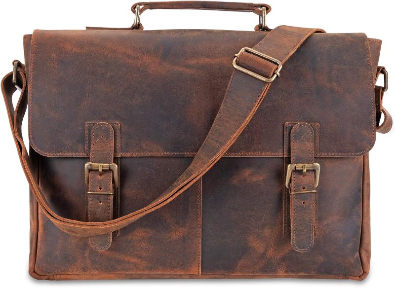 Photo 1 of moonster Leather Messenger Bag for Men, Rustic Messenger Bag for Women �– Handmade Full Grain Distressed Buffalo Leather – 16 Inch Laptop Bag with Padded Compartment, Pockets & Adjustable Strap

