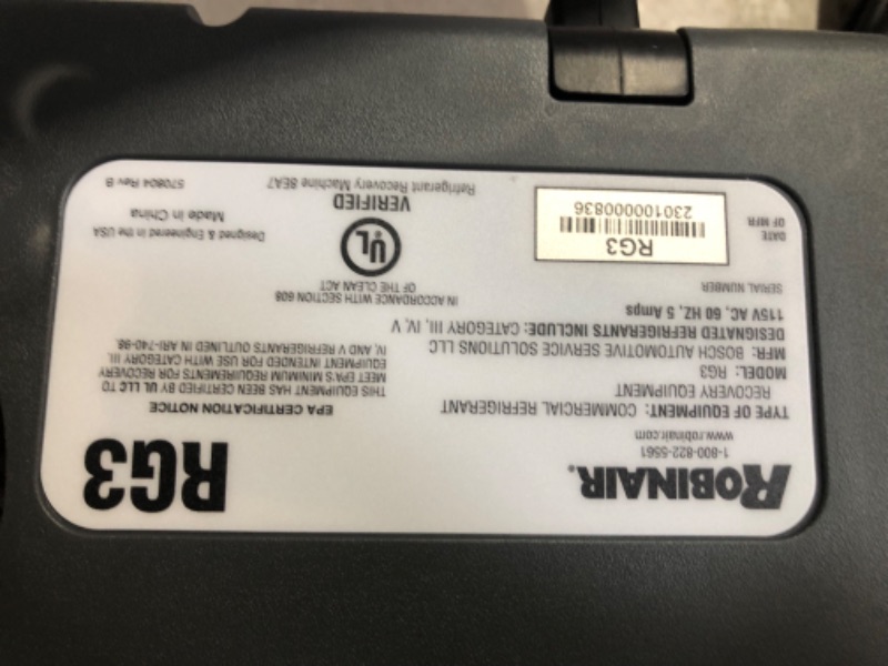 Photo 3 of ***USED - POWERS ON - UNABLE TO TEST FURTHER***
Robinair (RG3 Portable Refrigerant Recovery Machine – 115V, 60Hz, for Both Liquid and Vapor Refrigerant, White