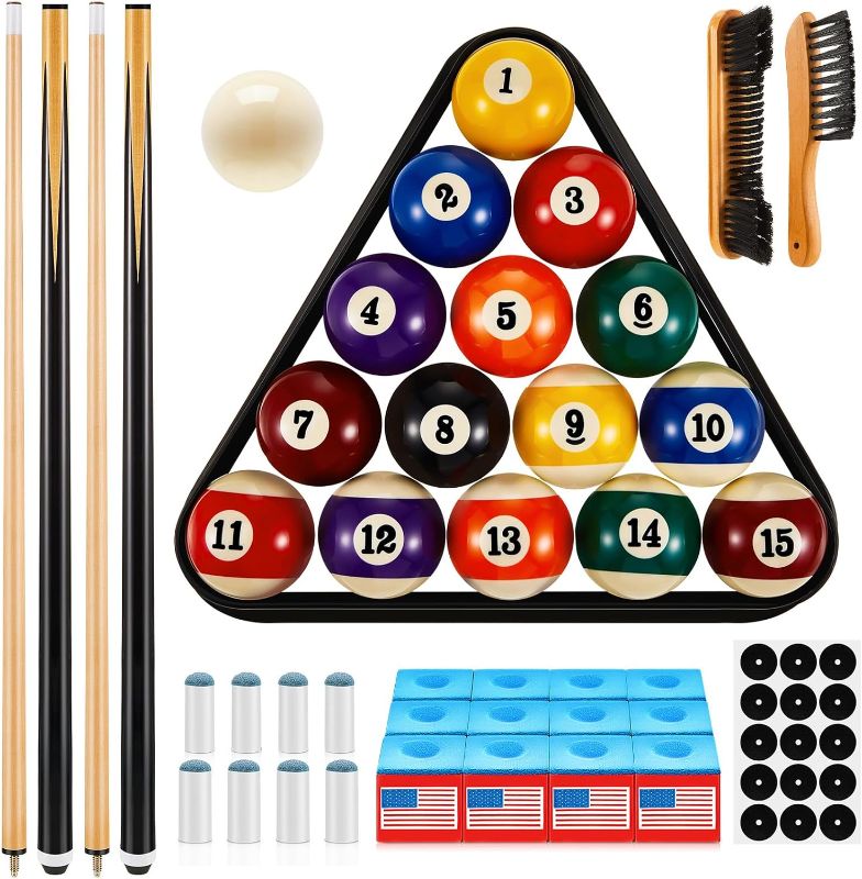 Photo 1 of 71Pcs Pools Table Accessories Billiards Accessories Billiard Pool Balls with Triangle Ball Stand Cue Chalks Pool Cue Tip Table Spot Sticker Pool Sticks Pool Table Brush
