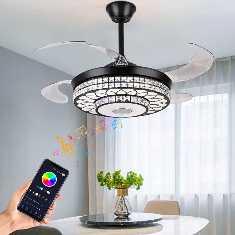 Photo 1 of Yaretro 42" Retractable Ceiling Fan with Light Bluetooth Speaker Crystal Modern Ceiling Lighting Fan Remote Control Invisible Fan Blade Fan Light for Living Room Bedroom Dining Room Office Black