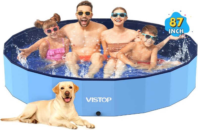 Photo 1 of VISTOP Jumbo Foldable Dog Pool, Hard Plastic Shell Portable Swimming Pool for Dogs Cats and Kids Pet Puppy Bathing Tub Collapsible Kiddie Pool (87inch.D x 15.7inch.H, Blue)
