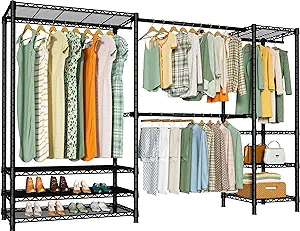 Photo 1 of Ulif E11 Heavy-Duty Garment Rack, Metal Freestanding Clothes Rack and Closet Storage Organizer System with 8 Shelves and 4 Hanger Rods, (73.2 - 97.6)"W x 14.5"D x 71.2"H, Load 962 LBS, Black