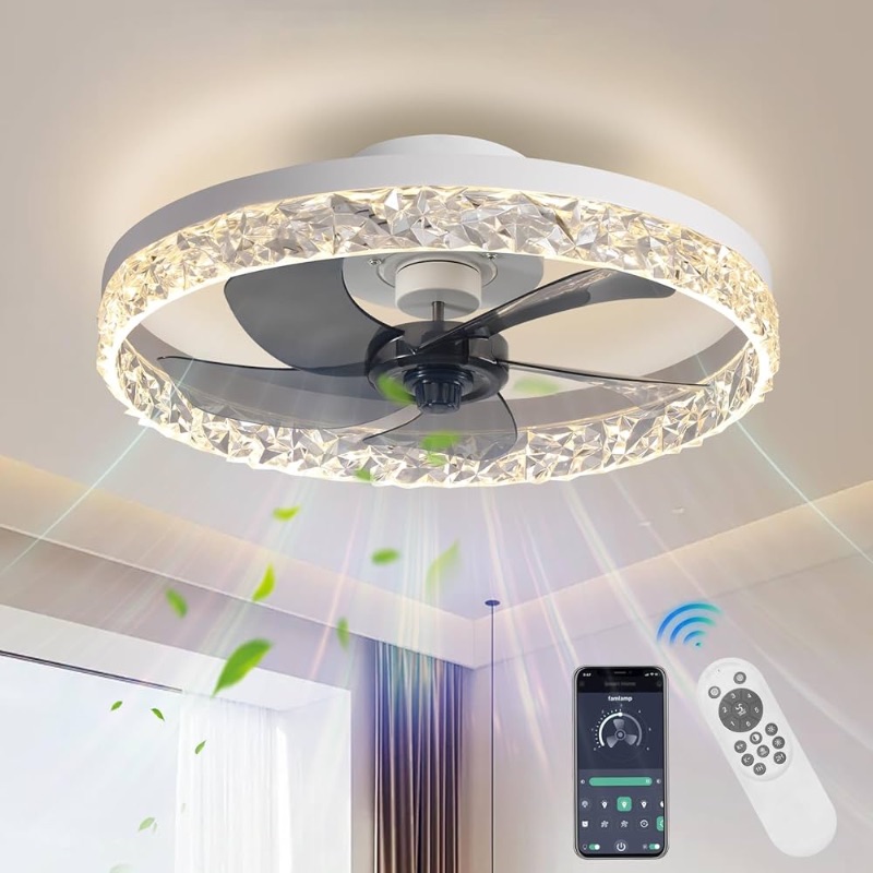 Photo 1 of AHAWILL Crystal Ceiling Fans with Lights,19.7" Flush Mount Ceiling Fan with Remote,Low Profile,Reversible,Noiseless,Dimmable,White Fandelier Chandelier Ceiling Fan for Bedroom.