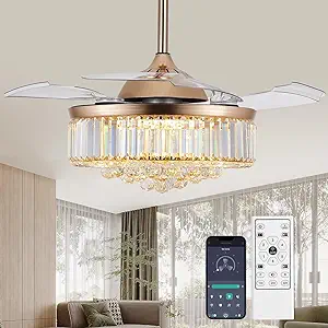 Photo 1 of Dannilong Crystal Retractable Chandelier Ceiling Fans,Modern Retractable Ceiling Fans with Lights Remote,42" Crystal Fandelier Dimmable with Memory Function for Dining Room, Bedroom, Living Room GOLD