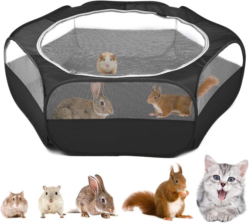 Photo 1 of VavoPaw Small Animals Playpen, Waterproof Breathable Indoor Pet Cage Tent with Zipper Cover, Portable Outdoor Exercise Yard Fence for Kitten Hamster Bunny Squirrel Guinea Pig Hedgehog, Black 