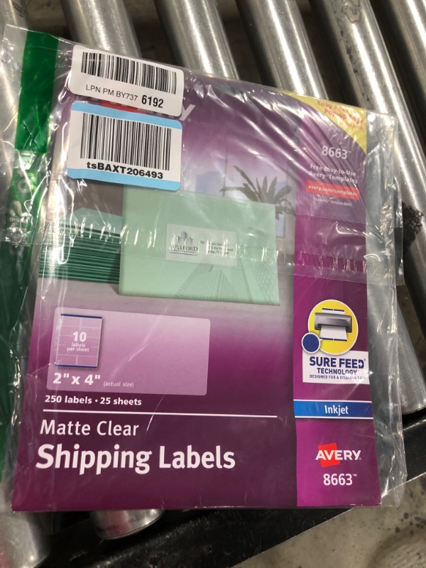 Photo 2 of Avery Printable Shipping Labels with Sure Feed, 2" x 4", Matte Clear, 250 Blank Mailing Labels (8663) 1 Pack Labels