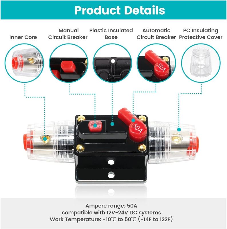 Photo 1 of 50 AMP Audio Auto Car Stereo Inline Fuse Holders Inverter 12V-24V DC, 4-12 AWG Inline Circuit Breaker with Manual Reset for Car Audio, Stereo Switch and Solar Inverter System