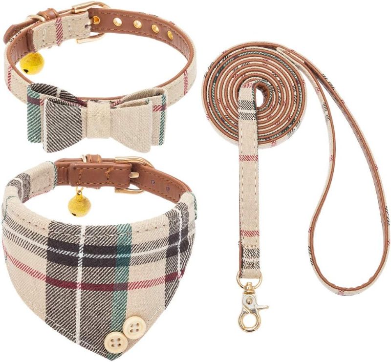 Photo 1 of EXPAWLORER Dog Collar and Leash Set - Classic Plaid Dog Bow Tie and Dog Bandana Collar with Bell, Dog Leash Tangle Free, Adjustable Collars for Small Medium Large Dogs Cats, Holiday Ideal Gift 
