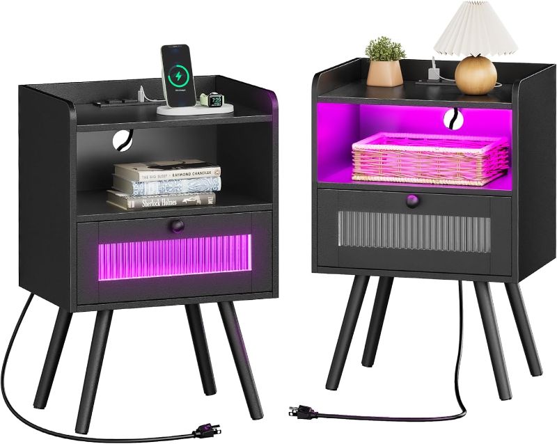 Photo 1 of Huuger Night Stand Set of 2, Nightstand with Charging Station and LED Light Strips, Bedside Table with Glass Decorative Drawer, End Table Side Table with Solid Wood Feet, for Bedroom, Black https://a.co/d/2w8nJgz