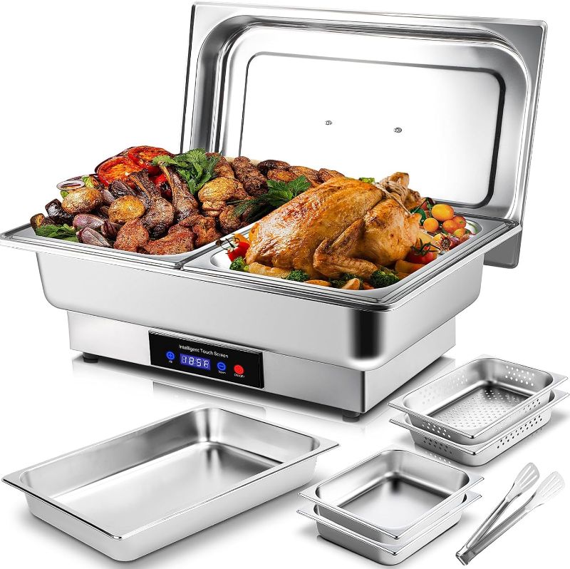 Photo 1 of Electric Chafing Dish,9 QT Full Size with 4 x 4.5 QT Half Size Chafing Dish Buffet Set, Buffet Servers and Warmers with Temperature Control Display, Catering Food Warmer for Catering Parties
