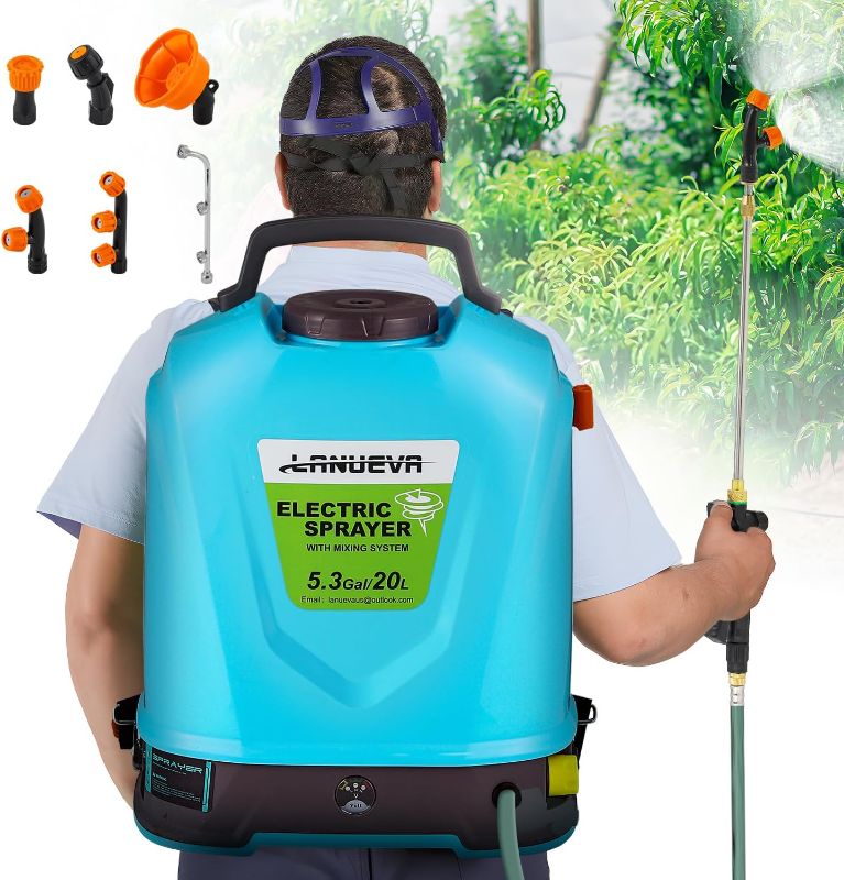 Photo 1 of LANUEVA 5.28 Gallon Battery Powered Sprayer with Mixing System, Backpack Electric Sprayer with 6 Mist Nozzles, Telescopic Wand, Shoulder Strap, 78-101 PSI Adjustable Pressure for Lawn & Garden (20L) 