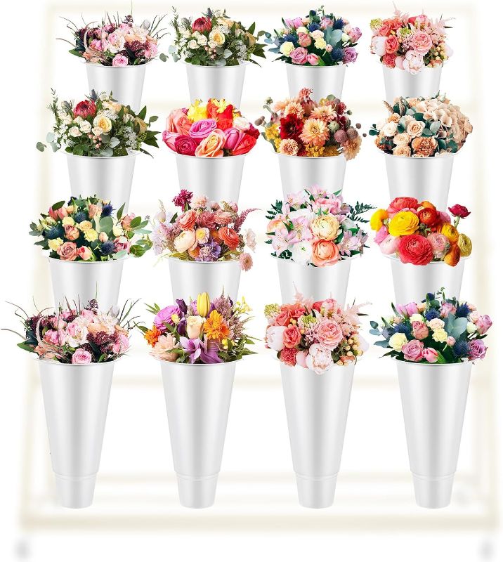 Photo 1 of 16 Pcs Plastic Flower Buckets Bulk 14.5 Inch H 8.7 Inch W Wake up Flower Display Buckets Tall Vase Bucket for Cut Flowers Indoor Outdoor Home Wedding Flower Display Florist Supplies (White)
