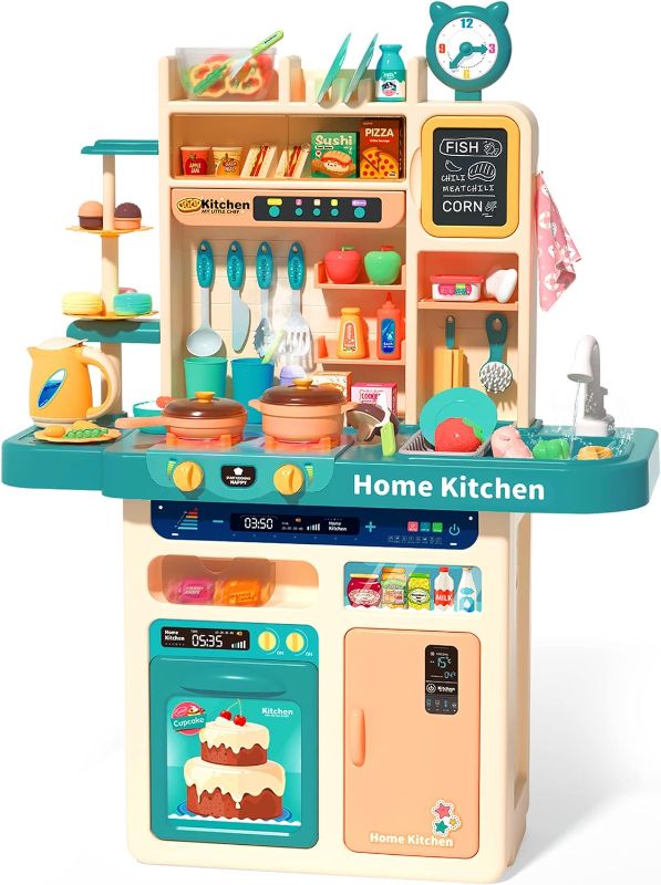 Photo 1 of CUTE STONE 93PCS Kids Kitchen Playset,Play Kitchen Toy with Realistic Lights & Sounds,Pretend Steam,Play Sink & Oven,Color Changing Play Food,Menu Board & Other Kitchen Accessories Set for Toddlers 