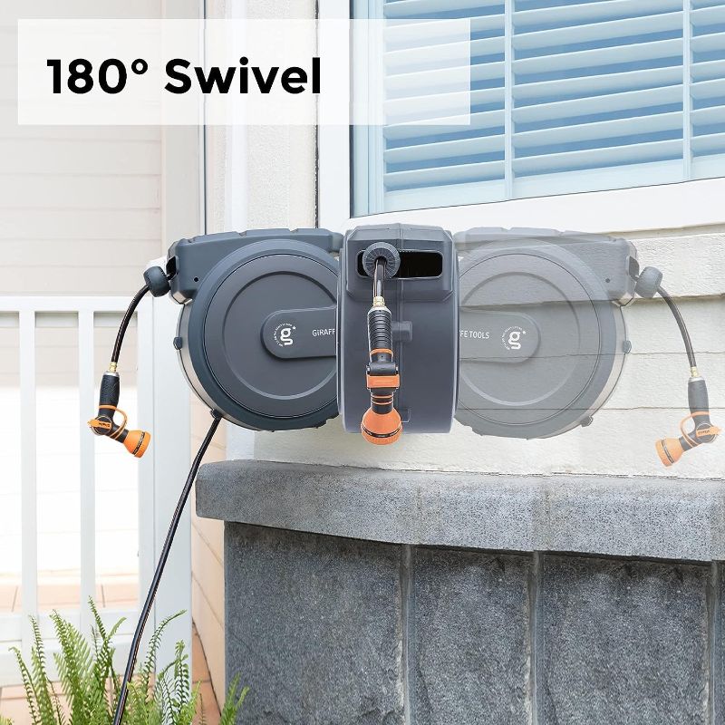 Photo 1 of Giraffe Tools AW30 Garden Hose Reel Retractable 1/2" x 100 ft Wall Mounted Water Hose Reel Automatic Rewind, Any Length Lock, 100ft, Dark Grey 