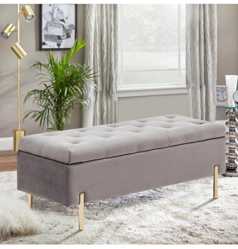 Photo 1 of Apeaka Velvet Storage Bench for Bedroom Upholstered Tufted Bed Bench with Storage Living Room Entryway Rectangular Storage Ottoman Bench Gray with Gold Legs