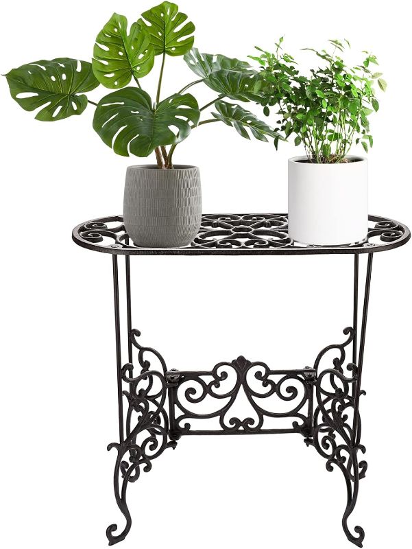 Photo 1 of OwnMy Heavy Duty Cast Iron Plant Stand Vintage Rust Proof Flower Pot Holder, Rectangle Potted Plant Stand Rustic Large Plant Rack, Indoor Outdoor Plant Holder Metal Plant Stand for Garden Living Room 